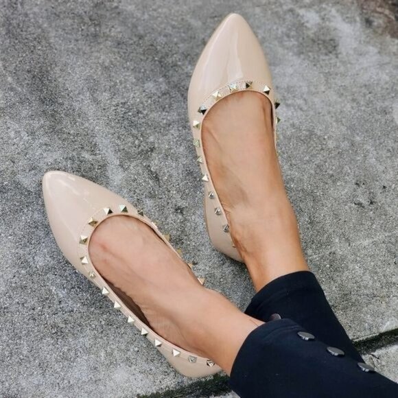 Shoes - Womens Studded Flat Closed Pointed Toe Sandal Nude Color